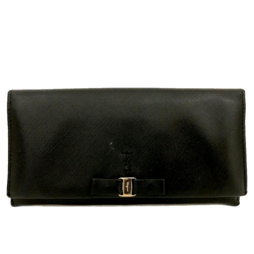 Salvatore Ferragamo Black & Silver Vara Ribbon Long Wallet (VERY GOOD)(COA)🖤